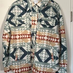New Fornis Long Sleeve Oversize Teal Southwestern Polar Fleece Shacket Jacket